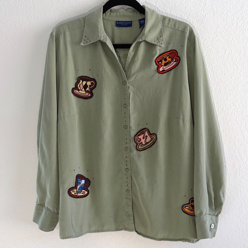 Karen Scott Woman Green Coffee Tea Cup Embroidered Button Up Shirt 1X Tencel